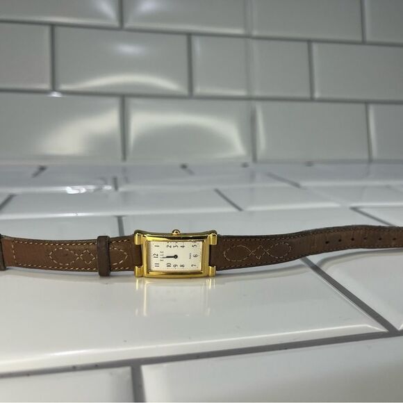 Elle White Dial oldβTONE Rectangle Case Brown Leather Band Watch - Picture 2 of 8